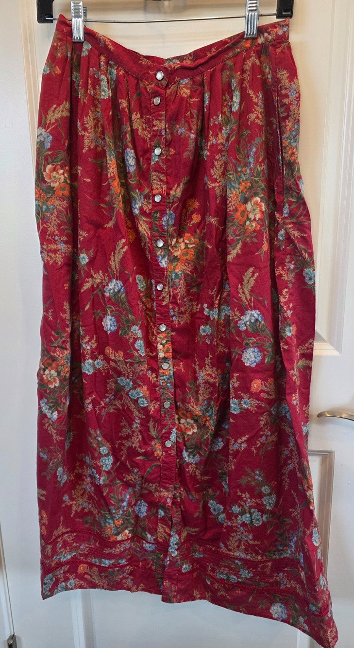 Vintage Lauren Ralph Lauren Maxi Skirt Women's 8 Red Floral Cotton Button Front